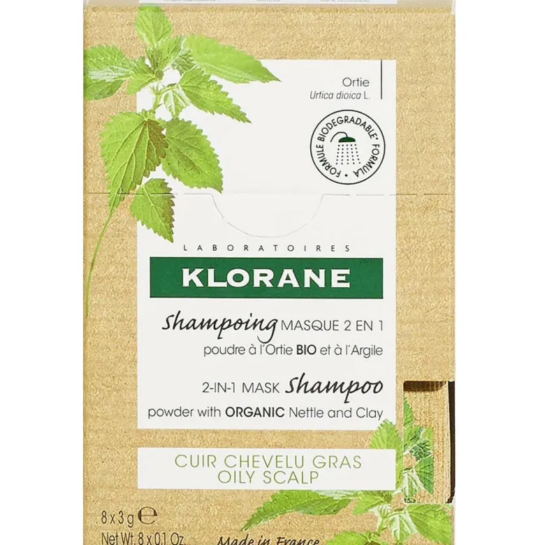 Klorane Shampoo maschera 2 in 1 Polvere all'Ortica BIO e all'Argilla cuoio capelluto grasso 24g