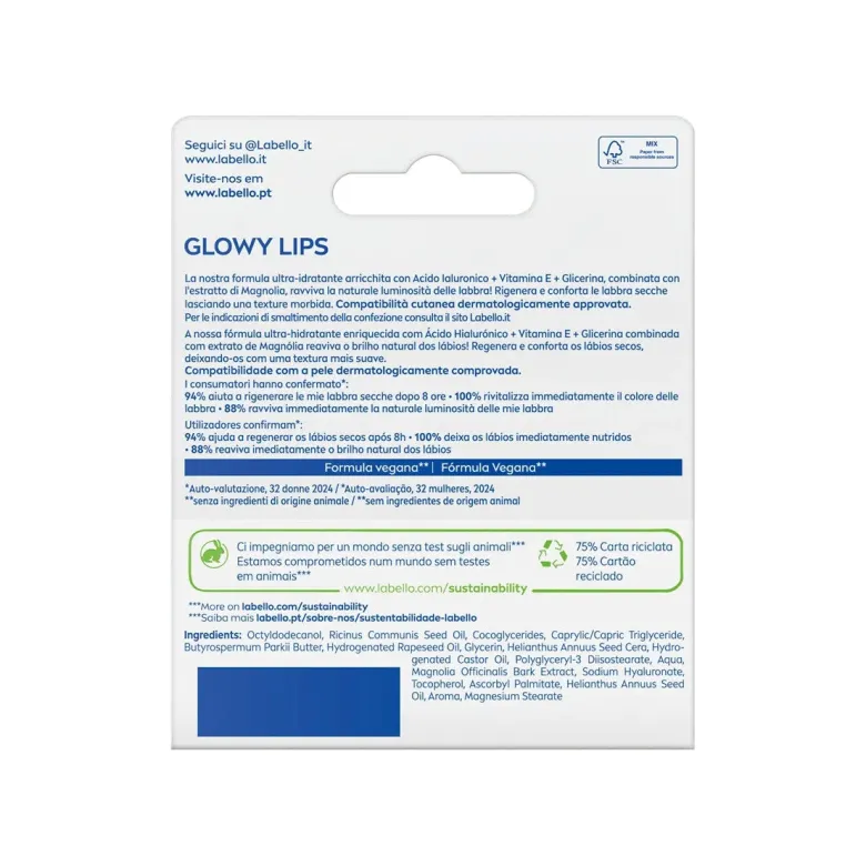 Labello Glowy Lips Per Labbra Secche Ultra-Idratante Acido Ialuronico + Vitamina E + Glicerina 10ml
