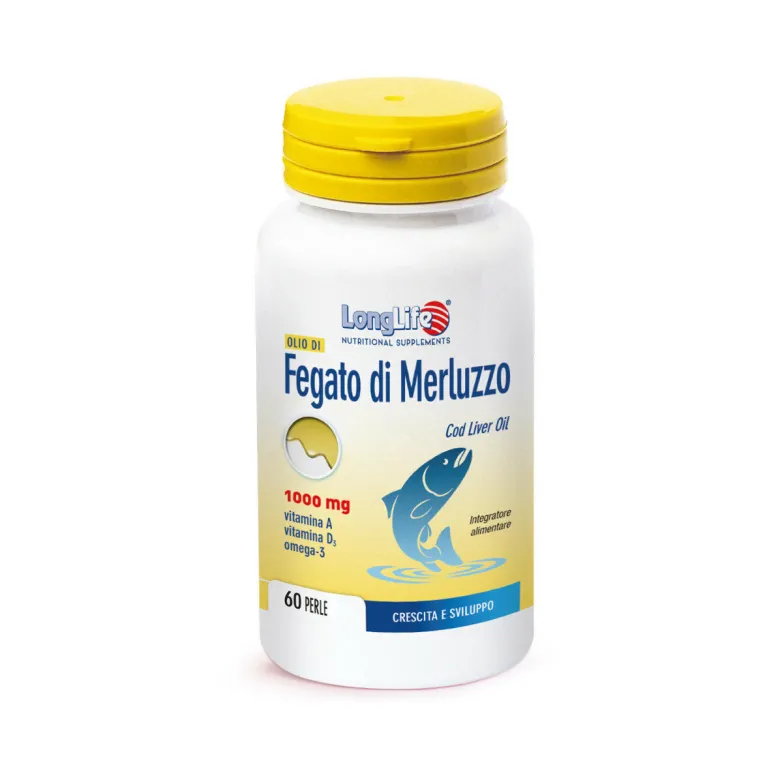 Longlife Olio di Fegato di Merluzzo 1000mg integratore alimentare utile per ossa e denti 60 perle