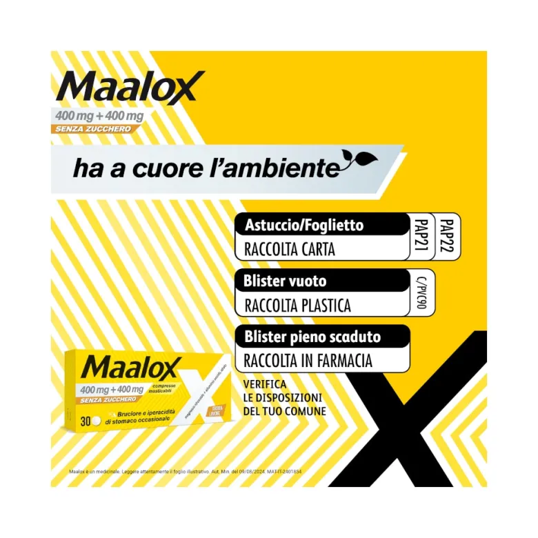 Maalox 400+400 Mg Contro Acidità di Stomaco Occasionale Senza Zucchero 30 cpr