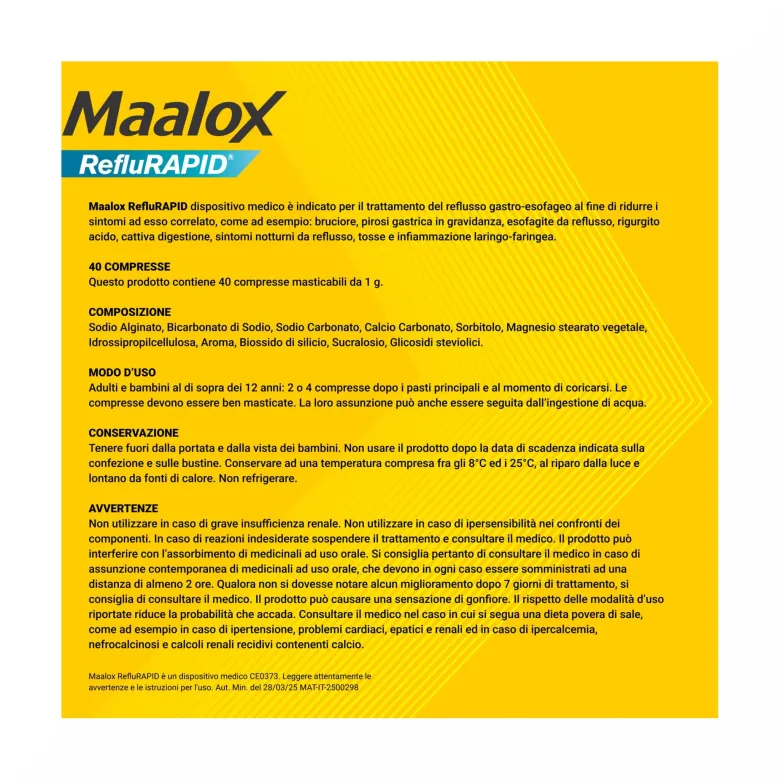 Maalox Reflurapid Blocca il Reflusso Neutralizza il Bruciore da Iperacidità 40 Compresse