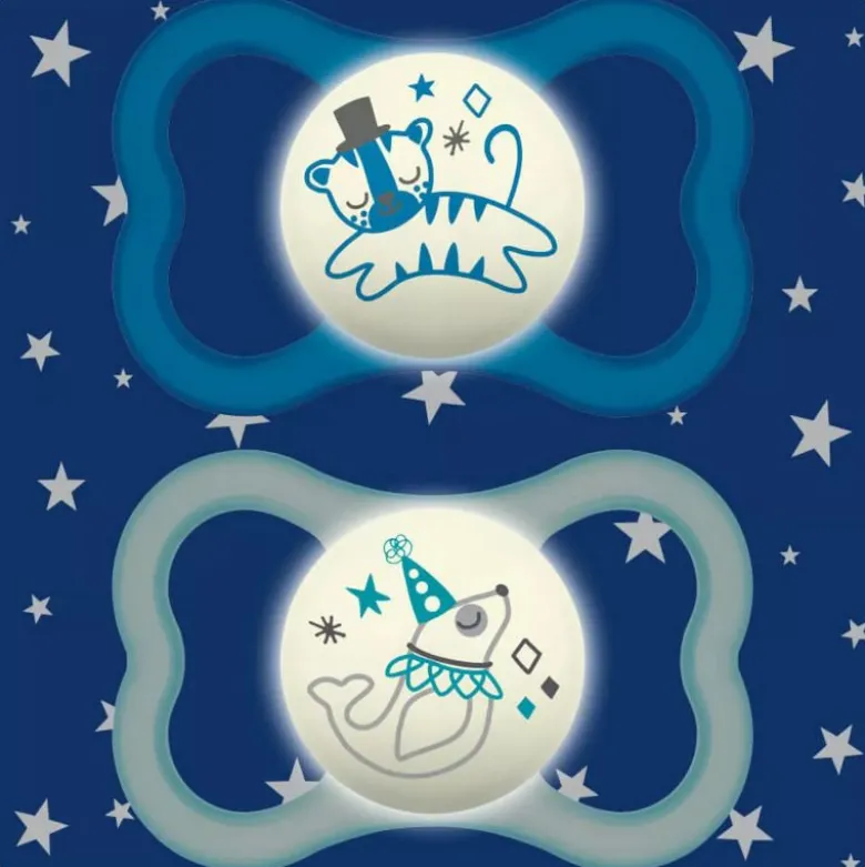 MAM Air Night Nostalgic Circus Maschio 6 mesi+ succhietto in silicone fosforescente 2 pezzi