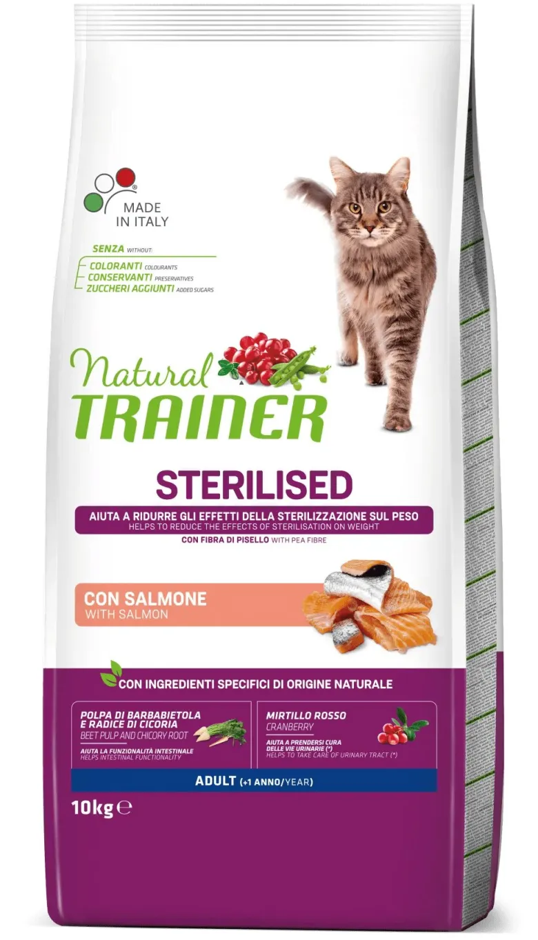 Natural Trainer Sterilised Crocchette Con Salmone Per Gatti Adulti Sacco 10kg