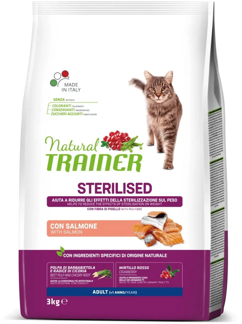 Natural Trainer Sterilised Crocchette Con Salmone Per Gatti Adulti Sacco 3kg