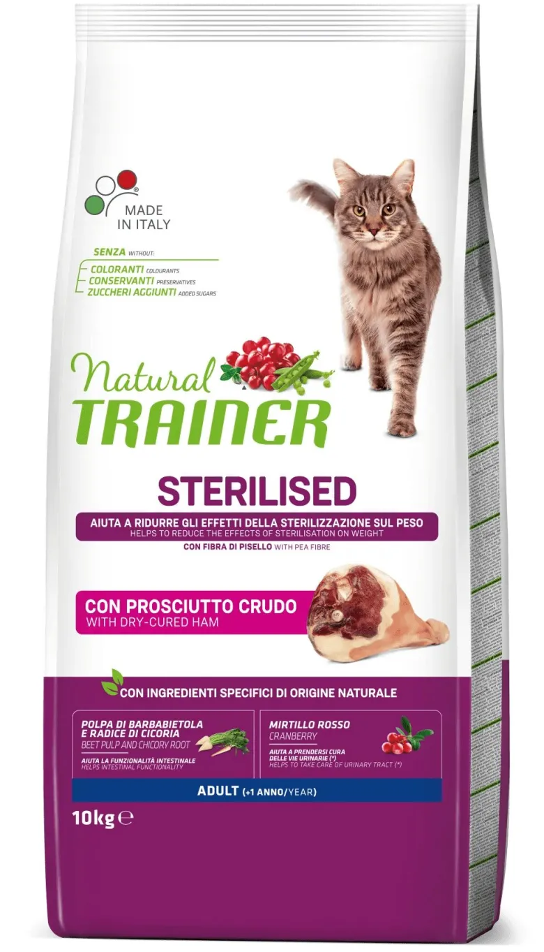 Natural Trainer Sterilised Crocchette Al Prosciutto Crudo Per Gatti Sterilizzati Sacco 10kg