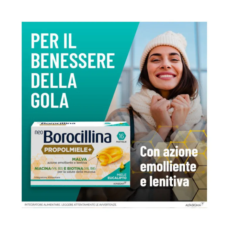 NeoBorocillina Propolmiele+ per il benessere della gola 16 pastiglie gusto miele ed eucalipto