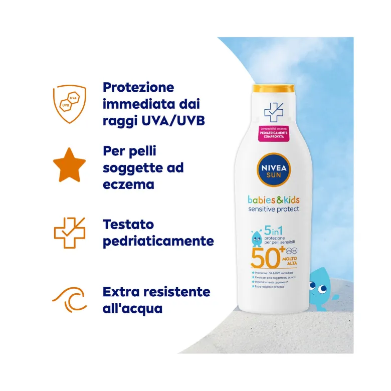 Nivea Sun Latte Solare Kids Sensitive Protect Fp50+ Crema Solare Per Bambini E Neonati 200ml