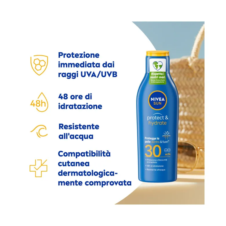 Nivea Sun Latte Solare Protect & Hydrate Fp30 Crema Solare Idratante Per 48 Ore 200ml