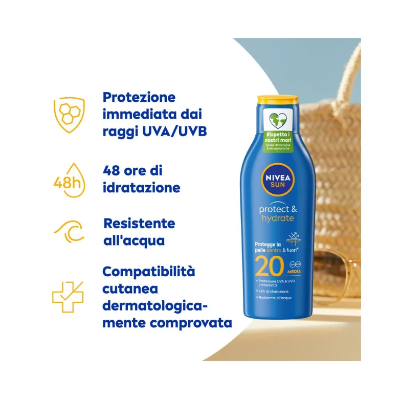 Nivea Sun Latte Solare Protect & Hydrate Fp20 Crema Solare Idratante Per 48 Ore 200ml