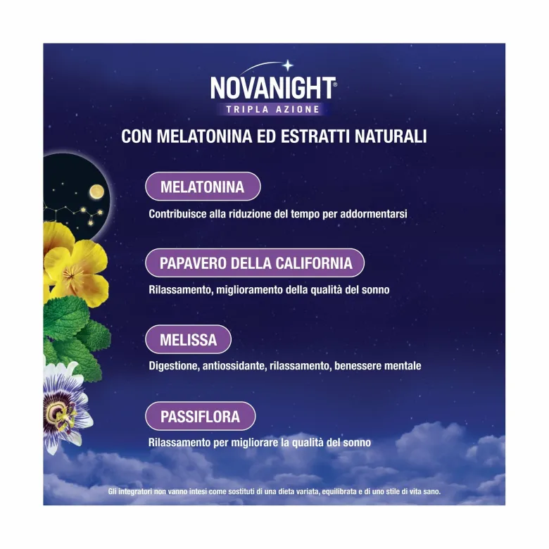 Novanight Tripla Azione con Melissa e Melatonina per Dormire Senza Glutine 60 Compresse