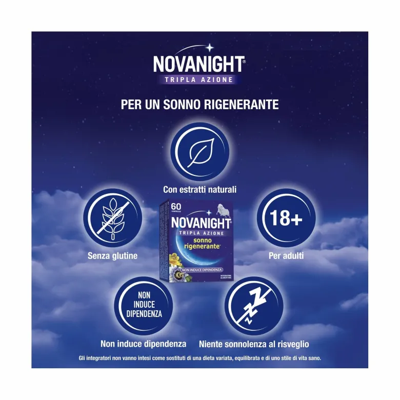 Novanight Tripla Azione con Melissa e Melatonina per Dormire Senza Glutine 60 Compresse