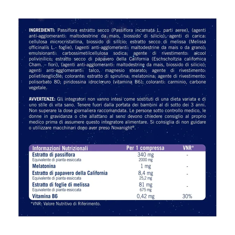 Novanight Tripla Azione con Melissa e Melatonina per Dormire Senza Glutine 60 Compresse