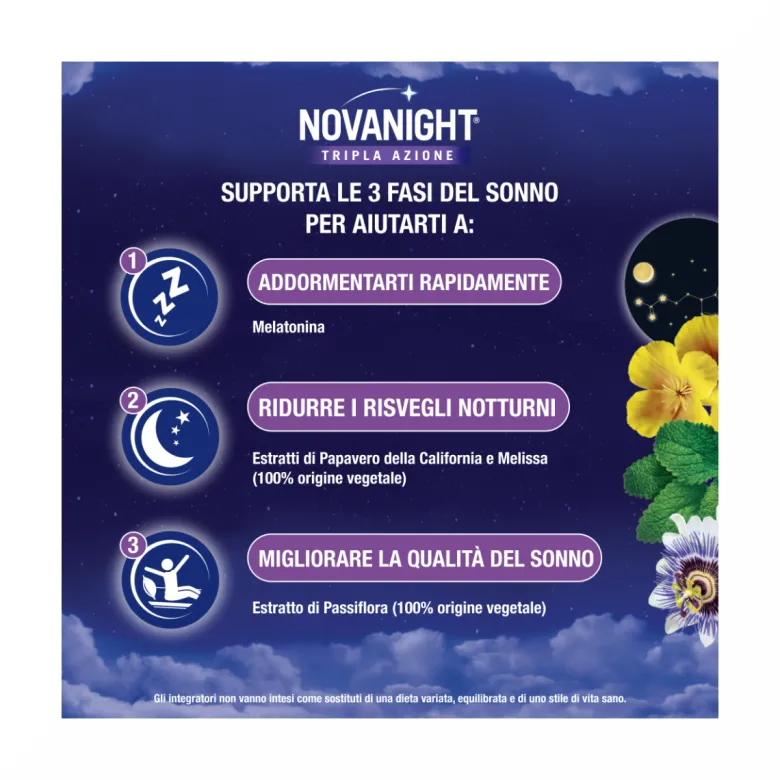 Novanight Tripla Azione con Melissa e Melatonina per Dormire Senza Glutine 30 Compresse