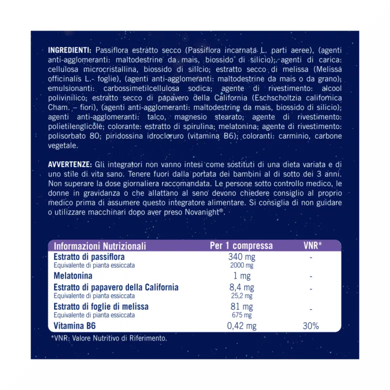 Novanight Tripla Azione con Melissa e Melatonina per Dormire Senza Glutine 30 Compresse