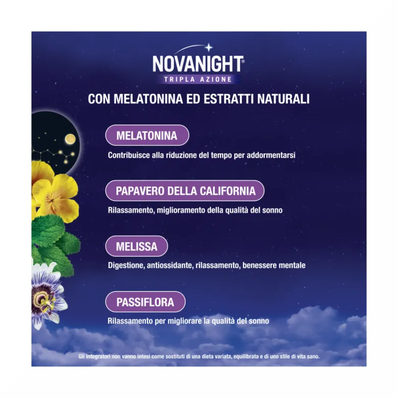 Novanight Tripla Azione con Melissa e Melatonina per Dormire Senza Glutine 30 Compresse