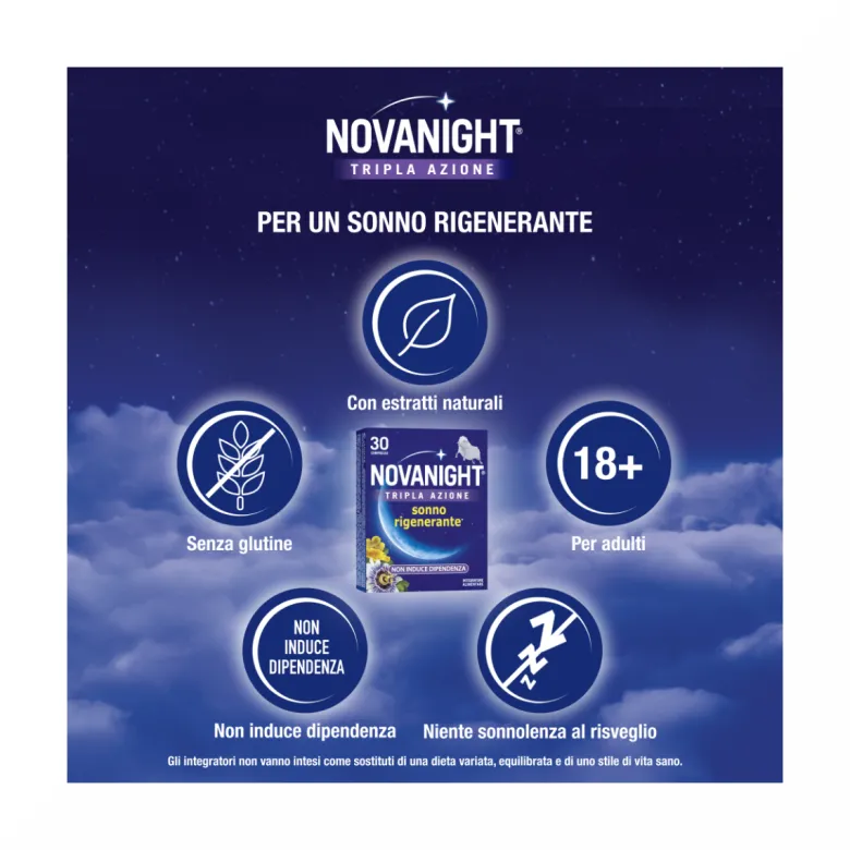 Novanight Tripla Azione con Melissa e Melatonina per Dormire Senza Glutine 30 Compresse
