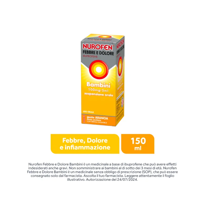 Nurofen Febbre e Dolore Bambini 100 mg/5 mlIbuprofene Indicato per Febbre Dolori ai Denti e Muscolari Sospensione Orale Arancia 150 ml