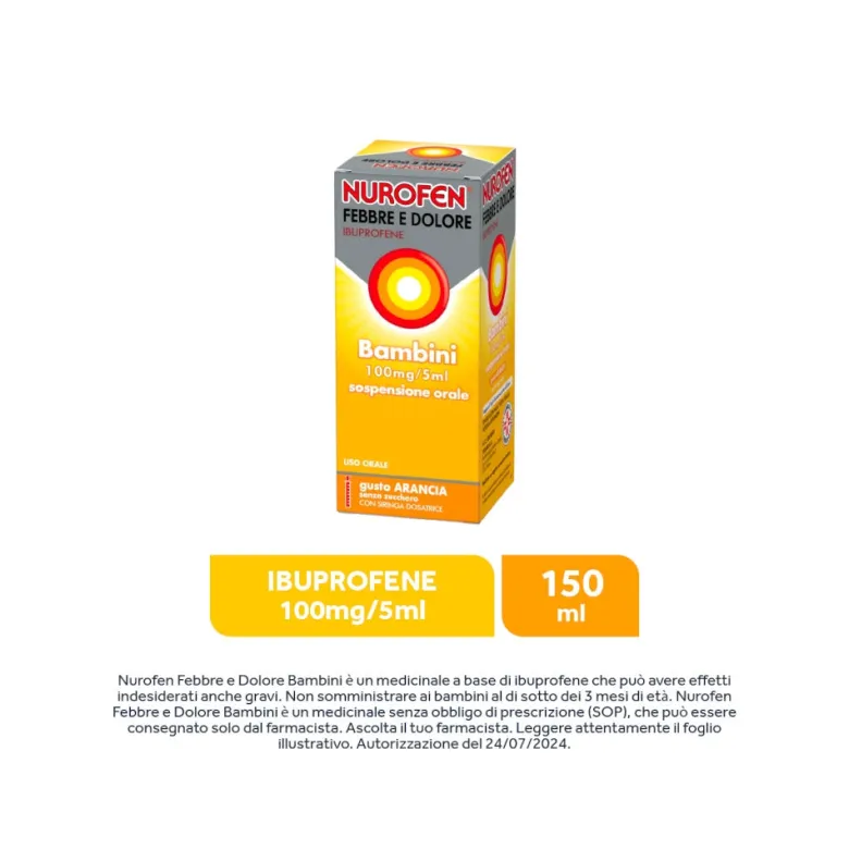 Nurofen Febbre e Dolore Bambini 100 mg/5 mlIbuprofene Indicato per Febbre Dolori ai Denti e Muscolari Sospensione Orale Arancia 150 ml