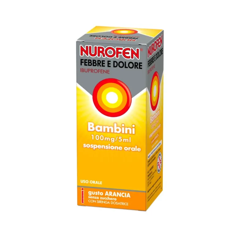 Nurofen Febbre e Dolore Bambini 100 mg/5 mlIbuprofene Indicato per Febbre Dolori ai Denti e Muscolari Sospensione Orale Arancia 150 ml