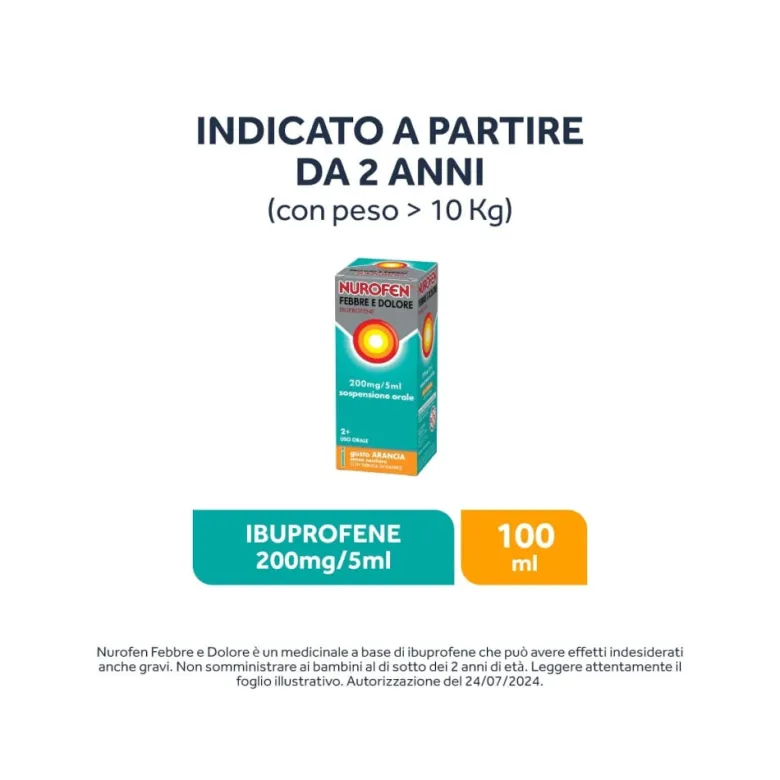 Nurofen Febbre e Dolore Bambini 200 mg/5 ml Ibuprofene Indicato per Febbre Dolori ai Denti e Muscolari Sospensione Orale Arancia 100 ml