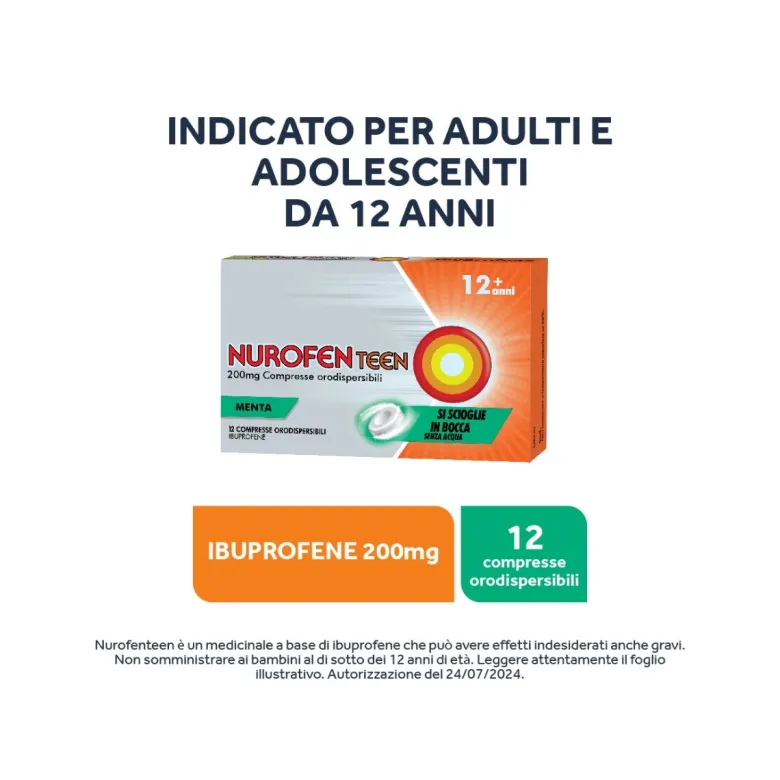 Nurofenteen 200 mg Ibuprofene Analgesico per Mal di Testa Mal di Denti e Dolori Mestruali 12 Compresse Orodispersibili alla Menta