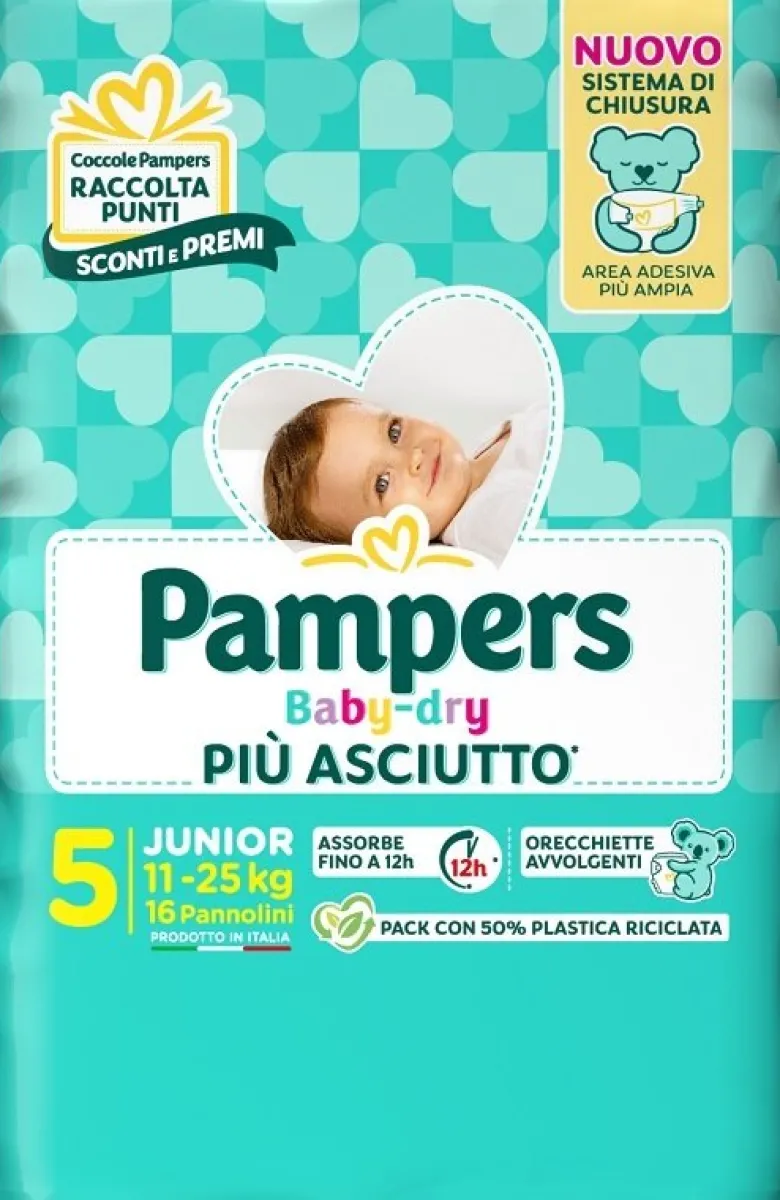 Pampers Babydry Taglia 5 Junior (11-25 Kg) 16 Pezzi