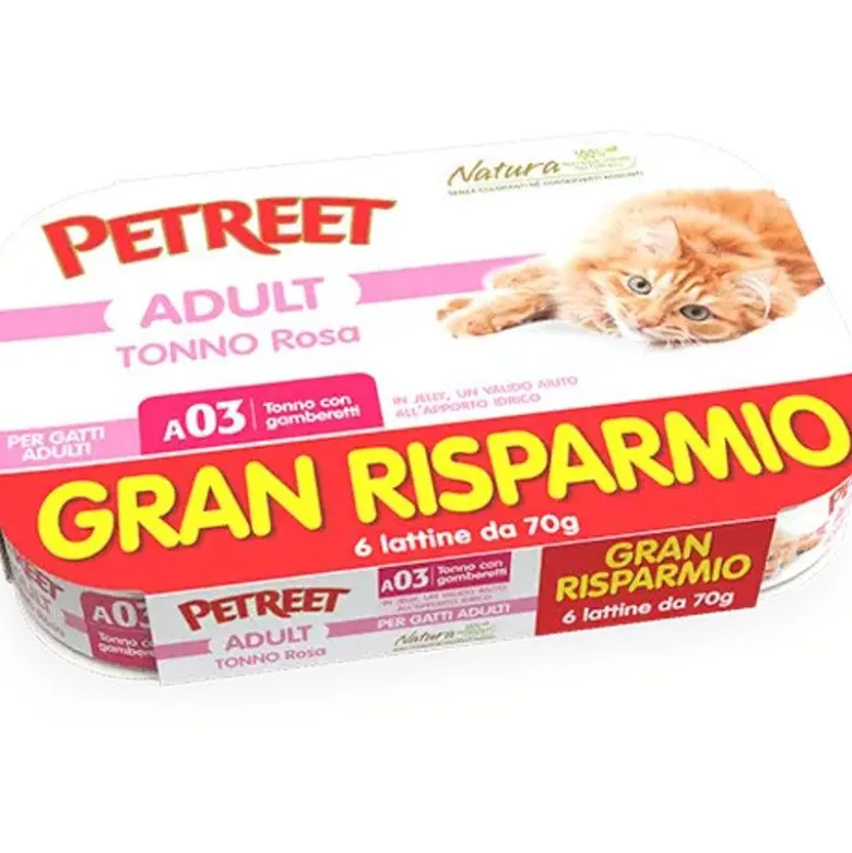 Petreet Tonno Rosa Con Gamberetti Cibo Umido Gatto Adulto 6x70g