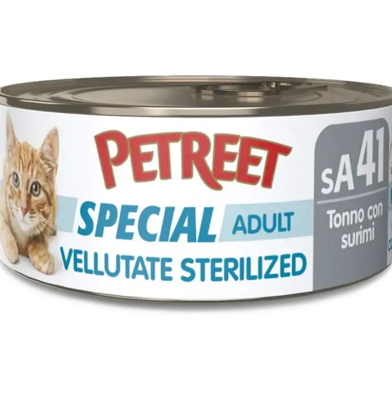 Petreet Vellutate Tonno Con Surimi Aroma Granchio Cibo Umido Gatto Sterilizzato Barattolo 70g