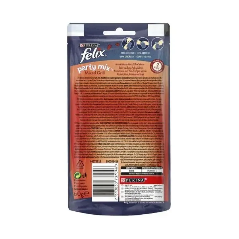 Purina Felix Party Mix Mixed Grill Manzo/Pollo/Salmone Snack Gatti Adulti Busta 60g