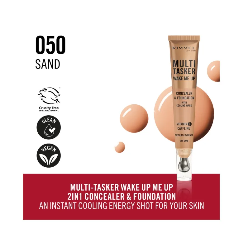 Rimmel Multi-tasker Wake Me Up Correttore & Fondotinta Formula Vegana 050 Sand 20ml