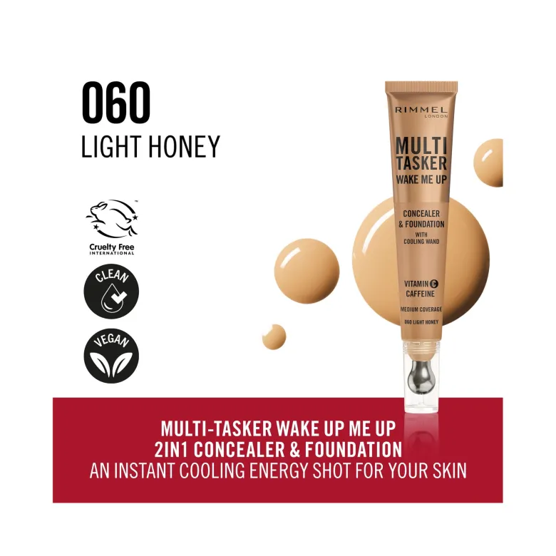 Rimmel Multi-tasker Wake Me Up Correttore & Fondotinta Formula Vegana 060 Light Honey 20ml