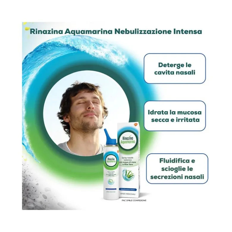 Rinazina Aquamarina Spray Nasale Isotonico Intenso Lavaggio Nasale Acqua Di Mare E Aloe Vera 100ml